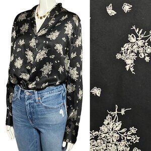 Vintage Y2K 100% Silk Black Gold Floral Button Down Blouse. Medium. Whimsigoth